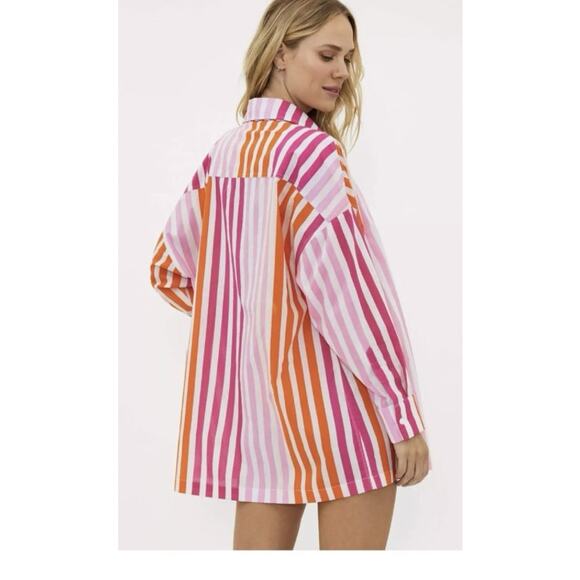 Beach Riot Coverup Button Down Shirt Sunset Orange Pink Stripes Swim Cover LARGE - Picture 1 of 3